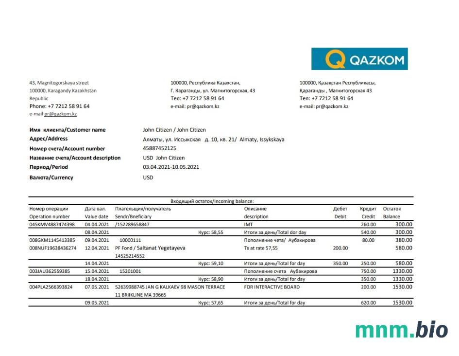 Kazachstan Qazkom bank dowód adresu szablon oświadczenia w formacie Word i PDF